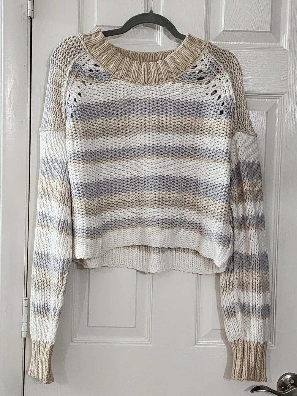Free People Devon Striped Chunky Knit Cropped Sweater Neutral Cream Grey L